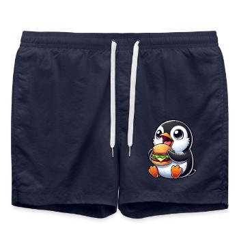 Cute Penguin Hamburger Cartoon Fast Food - Swim Trunks - french navy - Front - AI Model Male 185 light (185cm)