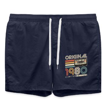 1980's Vintage Born Vintage Retro Birthday - Swim Trunks - french navy - Front - AI Model Male 185 light (185cm)