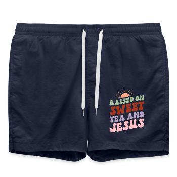 Tea and Jesus - Swim Trunks - french navy - Front - AI Model Male 185 light (185cm)