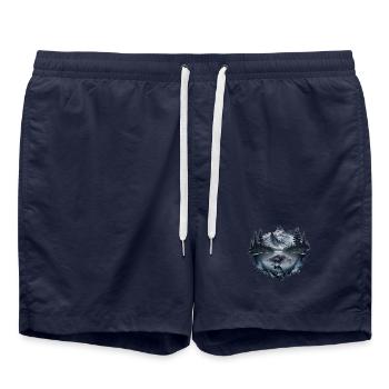 Berglandschaft mit See, Wald und Elch - Badeshorts - French Navy - Vorne - AI Model Male 185 light (185cm)