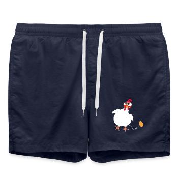 Weiße Henne legt ein Ei lustige Comic-Zeichnung - Badeshorts - French Navy - Vorne - AI Model Male 185 light (185cm)