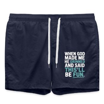 Als Gott mich gemacht hat, hat er gegrinst! - Badeshorts - French Navy - Vorne - AI Model Male 185 light (185cm)