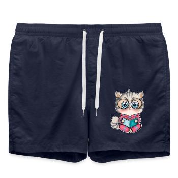 Katze Lesen Bücher Buch - Badeshorts - French Navy - Vorne - AI Model Male 185 light (185cm)
