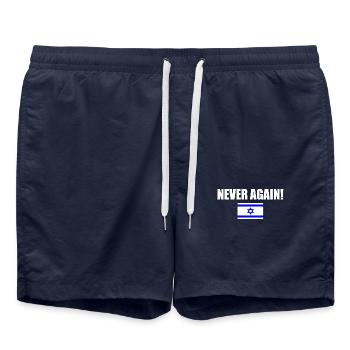 Never again - israel - Swim Trunks - french navy - Front - AI Model Male 185 light (185cm)