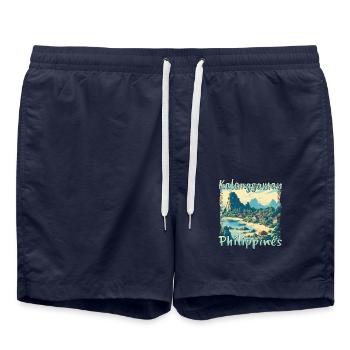 Grunge-Landschaft der Insel Kalanggaman: - Badeshorts - French Navy - Vorne - AI Model Male 185 light (185cm)