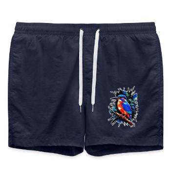 Eisvogel im Dschungel – Farbenfrohes Vogelmotiv - Badeshorts - French Navy - Vorne - AI Model Male 185 light (185cm)