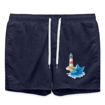 papierboot aquarell lechtturm - Badeshorts - French Navy - Vorne - AI Model Male 185 light (185cm)