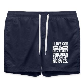Ich liebe Gott, aber manche seiner Kinder nerven! - Badeshorts - French Navy - Vorne - AI Model Male 185 light (185cm)