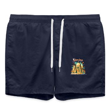 Basilica di Santa Maria - Chemise de voyage rétro - Short de bain - bleu marine - Devant - AI Model Male 185 light (185cm)