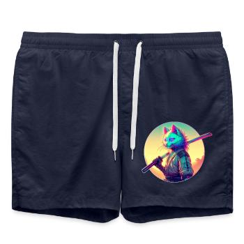 Cyberpunk Katze Samurai Anime - Badeshorts - French Navy - Vorne - AI Model Male 185 light (185cm)