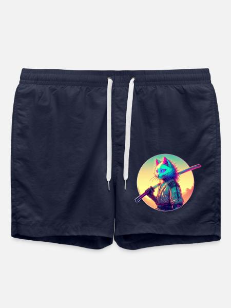 Cyberpunk Katze Samurai Anime - Badeshorts - French Navy