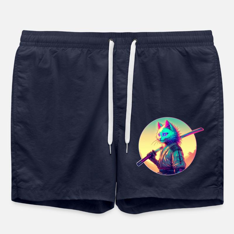 Cyberpunk Katze Samurai Anime - Badeshorts - French Navy