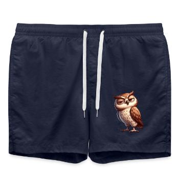 Skeptische freche lustige Cartoon Eule - Badeshorts - French Navy - Vorne - AI Model Male 185 light (185cm)