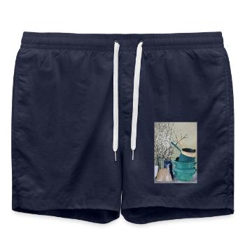 Ölgemälde Kunst Stillleben Küche Vintage Blüten - Badeshorts - French Navy - Vorne - AI Model Male 185 light (185cm)