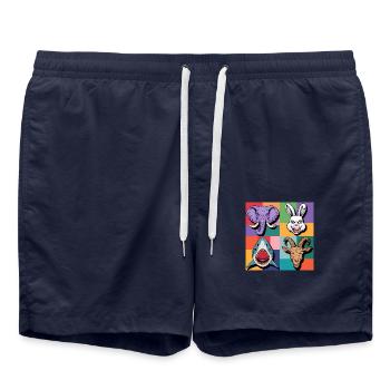Popart Hase Hai Elefant Ziegenbock bunt lila grün - Badeshorts - French Navy - Vorne - AI Model Male 185 light (185cm)