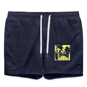 Dolphin Jumping Lines Sun Palm Trees Cool Silhouette - Swim Trunks - french navy - Front - AI Model Male 185 light (185cm)