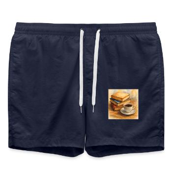 Book and coffee - Swim Trunks - french navy - Front - AI Model Male 185 light (185cm)