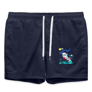 Coffee Spy Secret Sticker With Сyber- Marine Vibe - Swim Trunks - french navy - Front - AI Model Male 185 light (185cm)