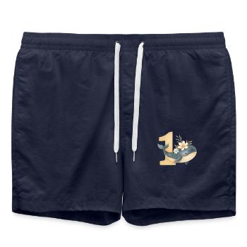 whale birthday / Wal Geburtstag - Badeshorts - French Navy - Vorne - AI Model Male 185 light (185cm)