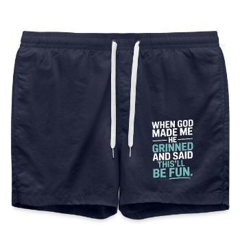 Als Gott mich gemacht hat, hat er gegrinst! - Badeshorts - French Navy - Vorne - AI Model Male 185 light (185cm)