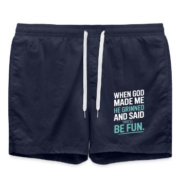 Als Gott mich gemacht hat, hat er gegrinst! - Badeshorts - French Navy - Vorne - AI Model Male 185 light (185cm)