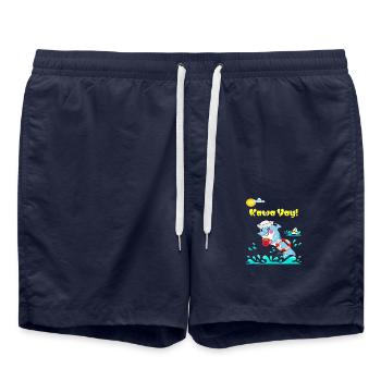 Delphin mit Cyber-Zitruskaffee-Vibe: Kawa Yay - Badeshorts - French Navy - Vorne - AI Model Male 185 light (185cm)