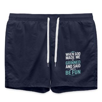Als Gott mich gemacht hat, hat er gegrinst! - Badeshorts - French Navy - Vorne - AI Model Male 185 light (185cm)