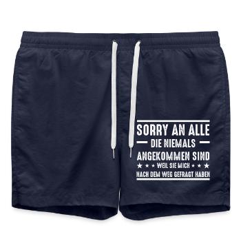 Nach dem Weg Fragen lustige Sprüche - Badeshorts - French Navy - Vorne - AI Model Male 185 light (185cm)