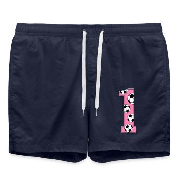 1st Birthday Football Pink - Swim Trunks - french navy - Front - AI Model Male 185 light (185cm)