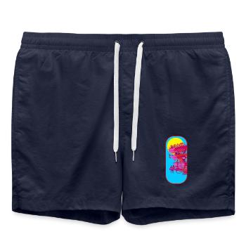 Beach Tower Pop Art Scene - Swim Trunks - french navy - Front - AI Model Male 185 light (185cm)