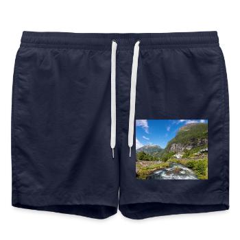 Geiranger panorama Storseterfossen Norwegen - Badeshorts - French Navy - Vorne - AI Model Male 185 light (185cm)