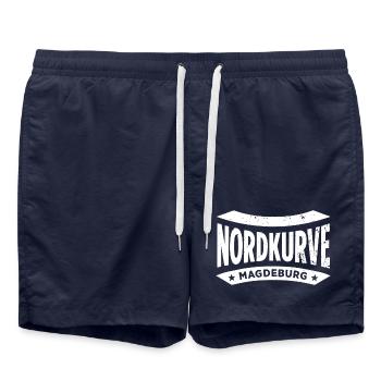 Magdeburg Stadion Fan Hoodie, Shirt, Tasche; Cap - Badeshorts - French Navy - Vorne - AI Model Male 185 light (185cm)