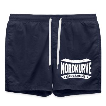 Karlsruhe Nordkurve Stadion Fan Hoodie, Tasche - Badeshorts - French Navy - Vorne - AI Model Male 185 light (185cm)