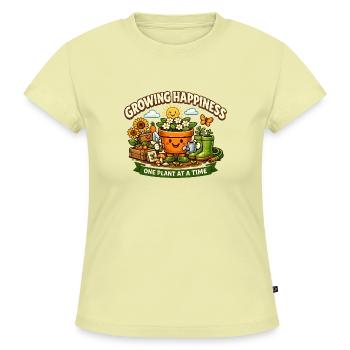 Cozy Gardening Shirt – Growing Happiness - SLIM FIT Frauen Organic T-Shirt - Buttergelb - Vorne - AI Model Female 172 light (172cm)