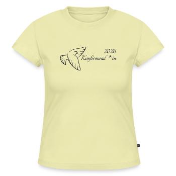 gendergerechte Konfirmation 2026 Taube Gott - SLIM FIT Frauen Organic T-Shirt - Buttergelb - Vorne - AI Model Female 172 light (172cm)