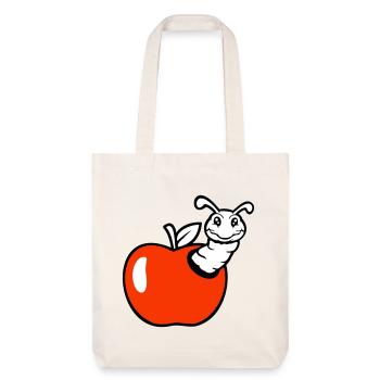 caterpillar apple fruit peeks out hole smiles sweet worm - Stanley/Stella Heavyweight Recycled Tote Bag - natural white - Front