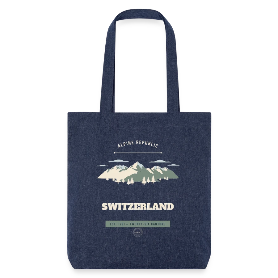 Switzerland badge on a stanley/stella heavyweight recycled tote bag, melange blue