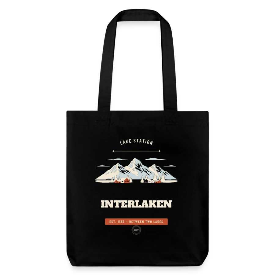 Interlaken badge on a stanley/stella heavyweight recycled tote bag, black