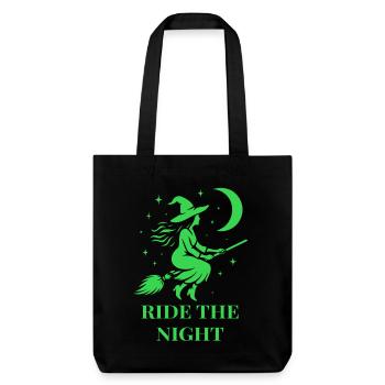Halloween Hexe reitet durch die Nacht mit Mond - Stanley/Stella recycelter Heavyweight Stoffbeutel - Schwarz - Vorne