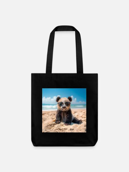 Panda am Strand - Stanley/Stella recycelter Heavyweight Stoffbeutel - Schwarz