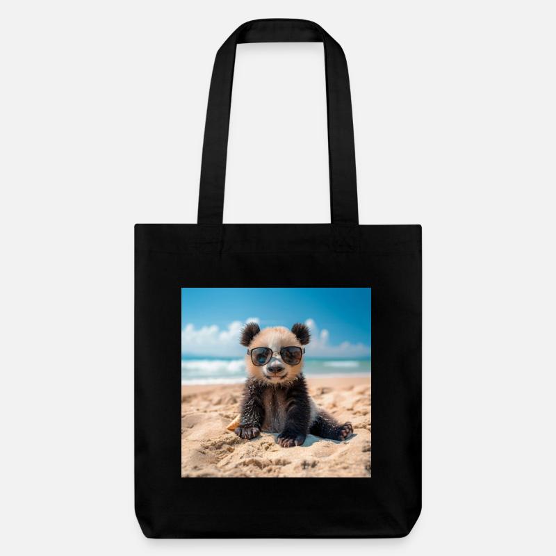 Panda am Strand - Stanley/Stella recycelter Heavyweight Stoffbeutel - Schwarz