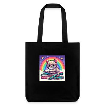 Süße Katze liest Bücher unter dem Regenbogen - Stanley/Stella recycelter Heavyweight Stoffbeutel - Schwarz - Vorne