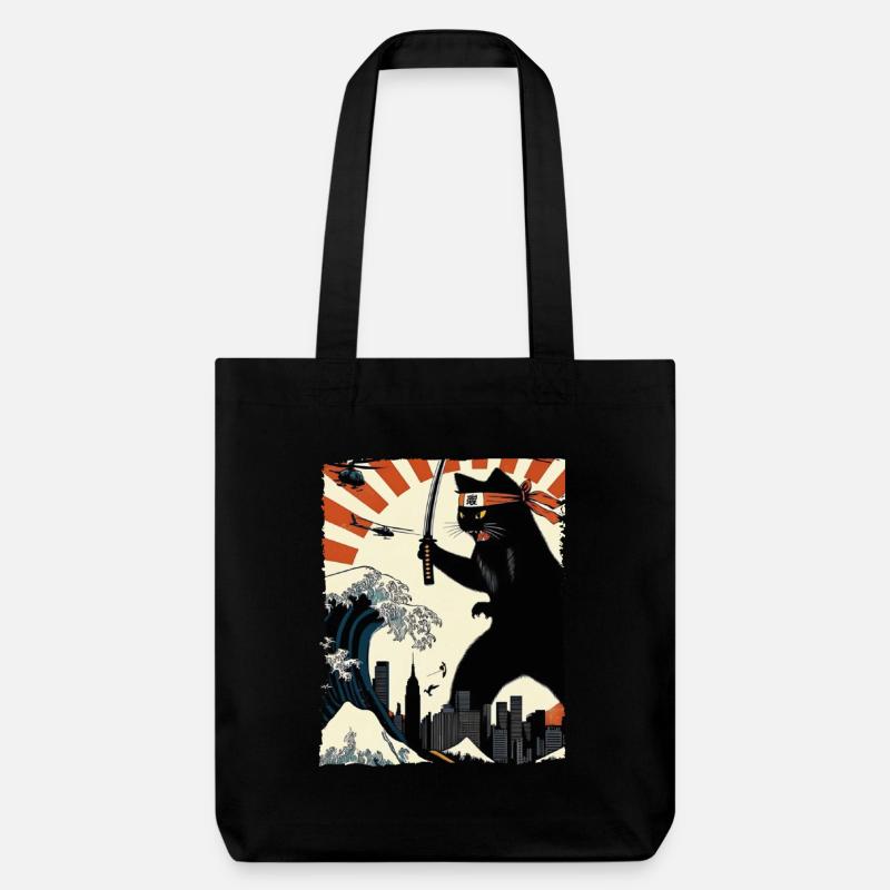 Ninja Katze Vintage mit Katana Warrior Japan Kunst - Stanley/Stella recycelter Heavyweight Stoffbeutel - Schwarz