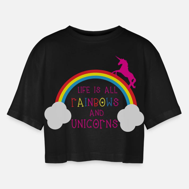 Rainbows & Unicorns - Frauen Oversized Cropped T-Shirt - Schwarz
