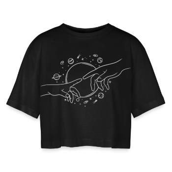 Astrologie Hände Finger berühren - Frauen Oversized Cropped T-Shirt - Schwarz - Vorne - AI Model Female 172 light (172cm)