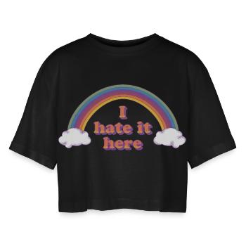 Ironischer Regenbogen-Fluch - Frauen Oversized Cropped T-Shirt - Schwarz - Vorne - AI Model Female 172 light (172cm)