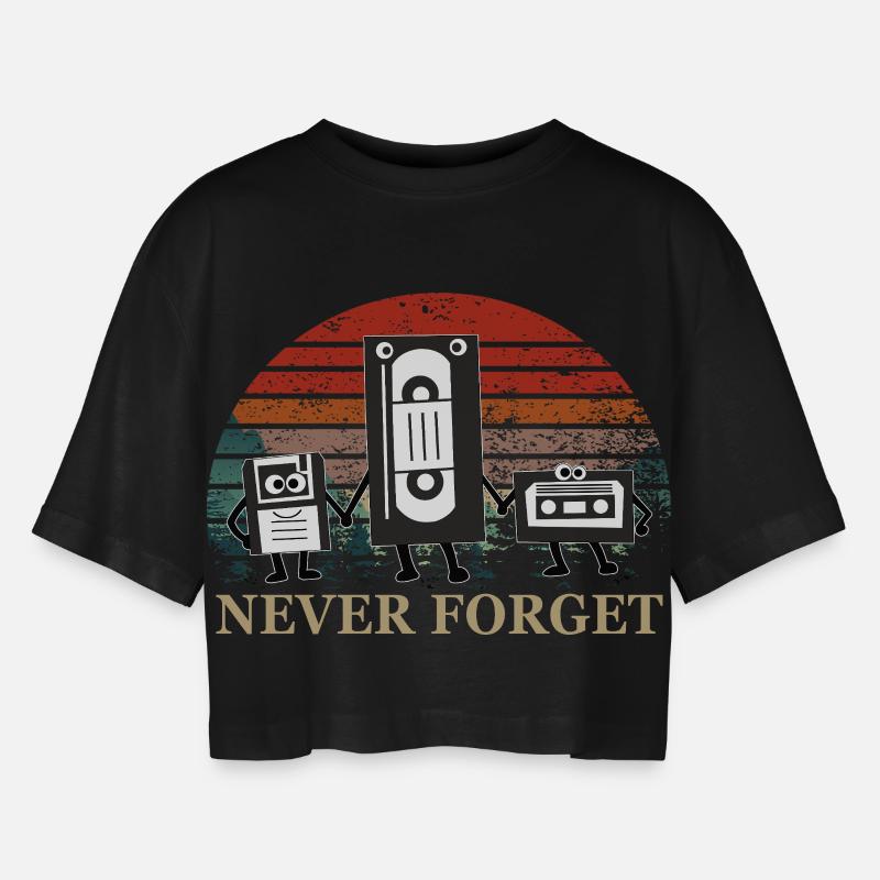 Retro Cassette Tape Trio with Never Forget Theme - Women’s Oversized Cropped T-Shirt - black