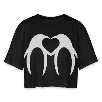 Pinguin Liebespaar Herz – Minimalistisches Design - Frauen Oversized Cropped T-Shirt - Schwarz - Vorne - AI Model Female 172 light (172cm)