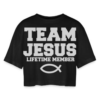 Team Jesus mit Fisch Symbol christliches Geschenk - Frauen Oversized Cropped T-Shirt - Schwarz - Vorne - AI Model Female 172 light (172cm)
