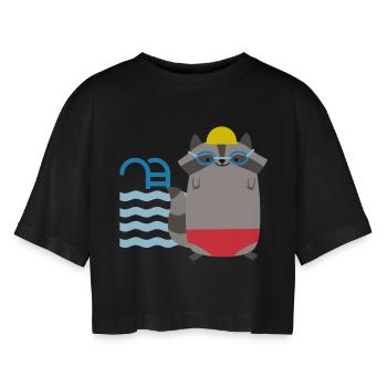 T-Shirt Schwimmer Waschbär - Frauen Oversized Cropped T-Shirt - Schwarz - Vorne - AI Model Female 172 light (172cm)